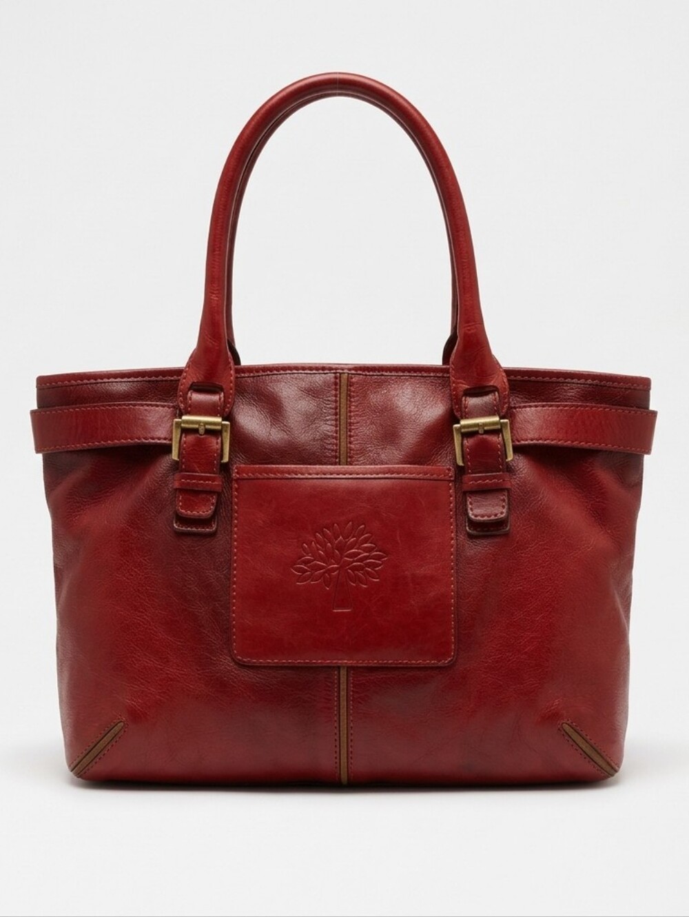 Mulberry Red Leather Tote with Embossed Tree